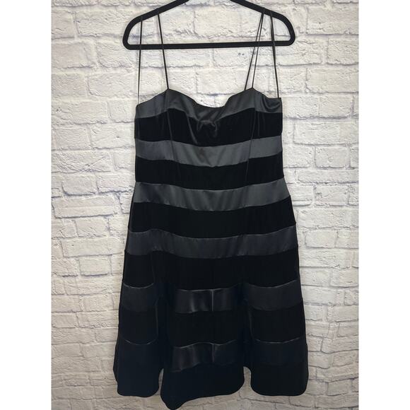 JS Collections Black Formal Fit & Flare Midi Dress Satin/Velvet Stripes, 14 NWT - Picture 1 of 8